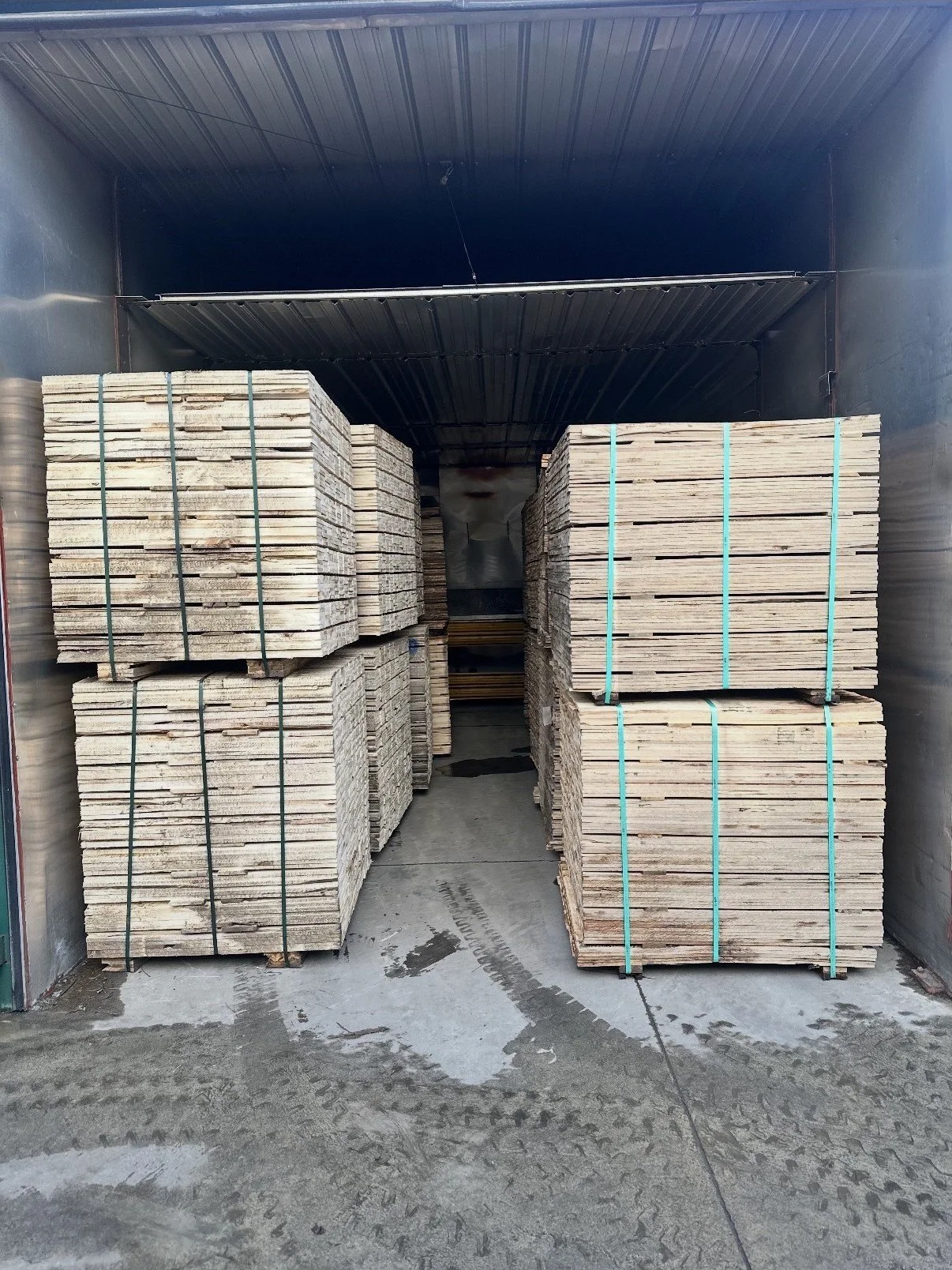 Stacks of wooden planks stored inside a trailer or container, organized in bundles with straps, on a concrete surface with tire marks.