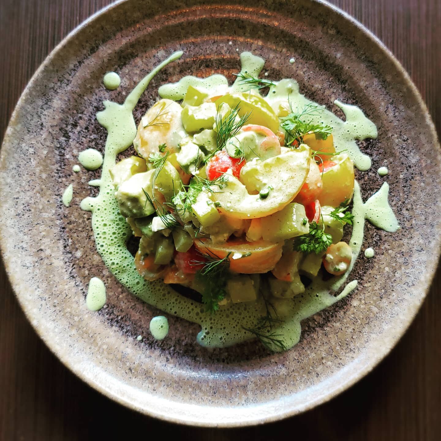 @villagegardenrva heirloom tomato salad on the menu this weekend! Buttermilk green goddess, avocado, ricotta salata, herbs. We are accepting reservations and this is also available for takeout. #rvadine