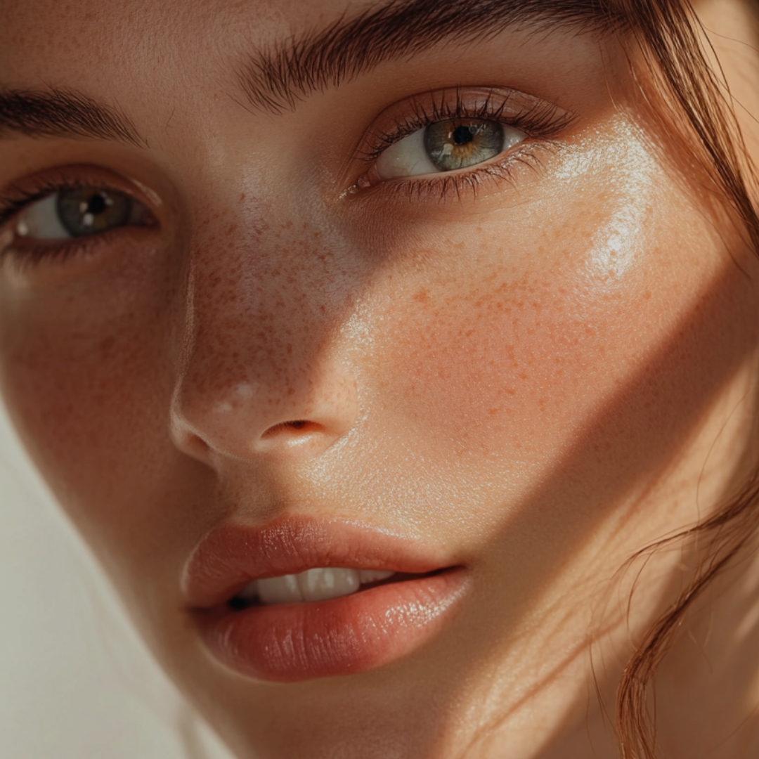 Close-up of a woman's face showing her eye, nose, and lips.