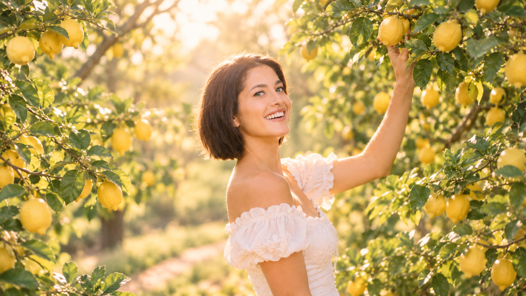 A woman with shoulder-length brown hair smiling and reaching for lemons on a tree in a sunlit orchard.
