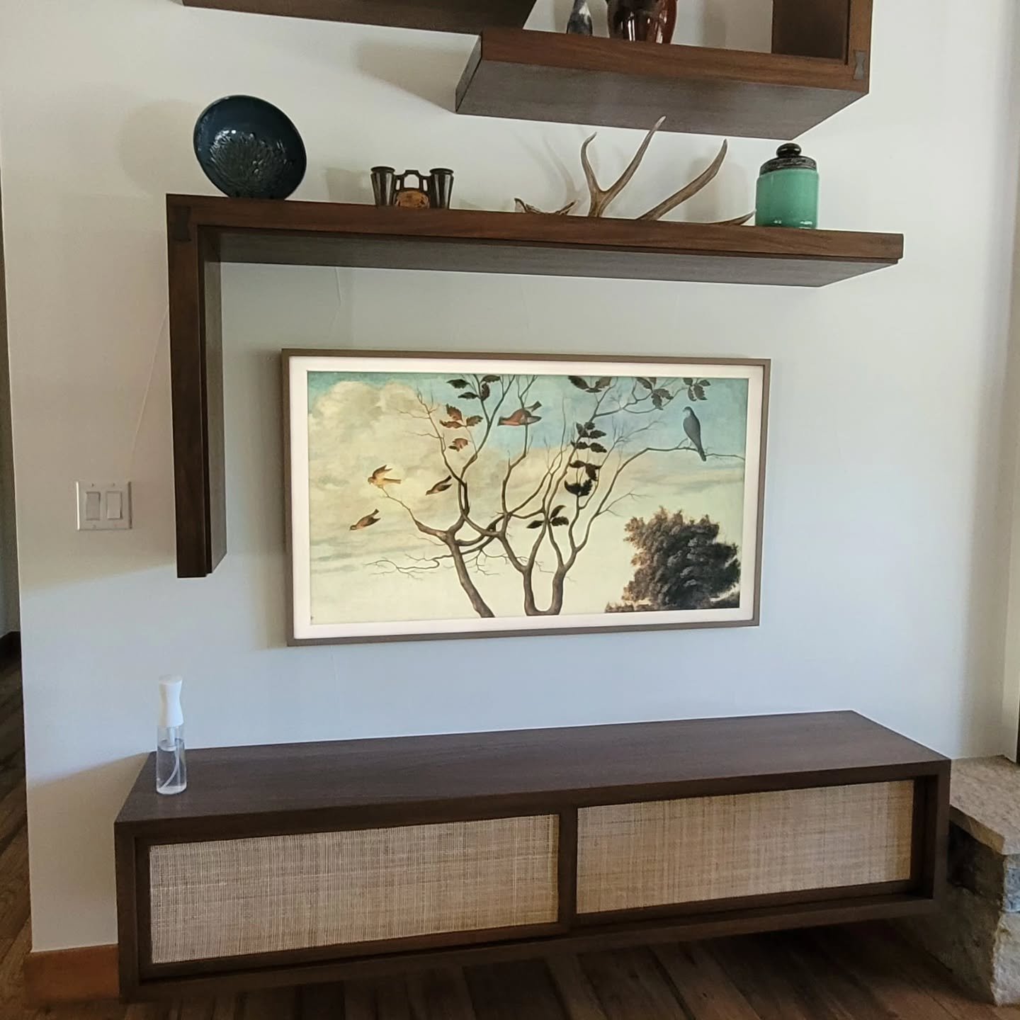 Some custom pieces we built for our  designer friend Jeffrey Elliott.  He always brings us creative and fun projects to build.  African mahogany shelves and credenza.  Fluted African mahogany end table finished in a black tinted conversion varnish.