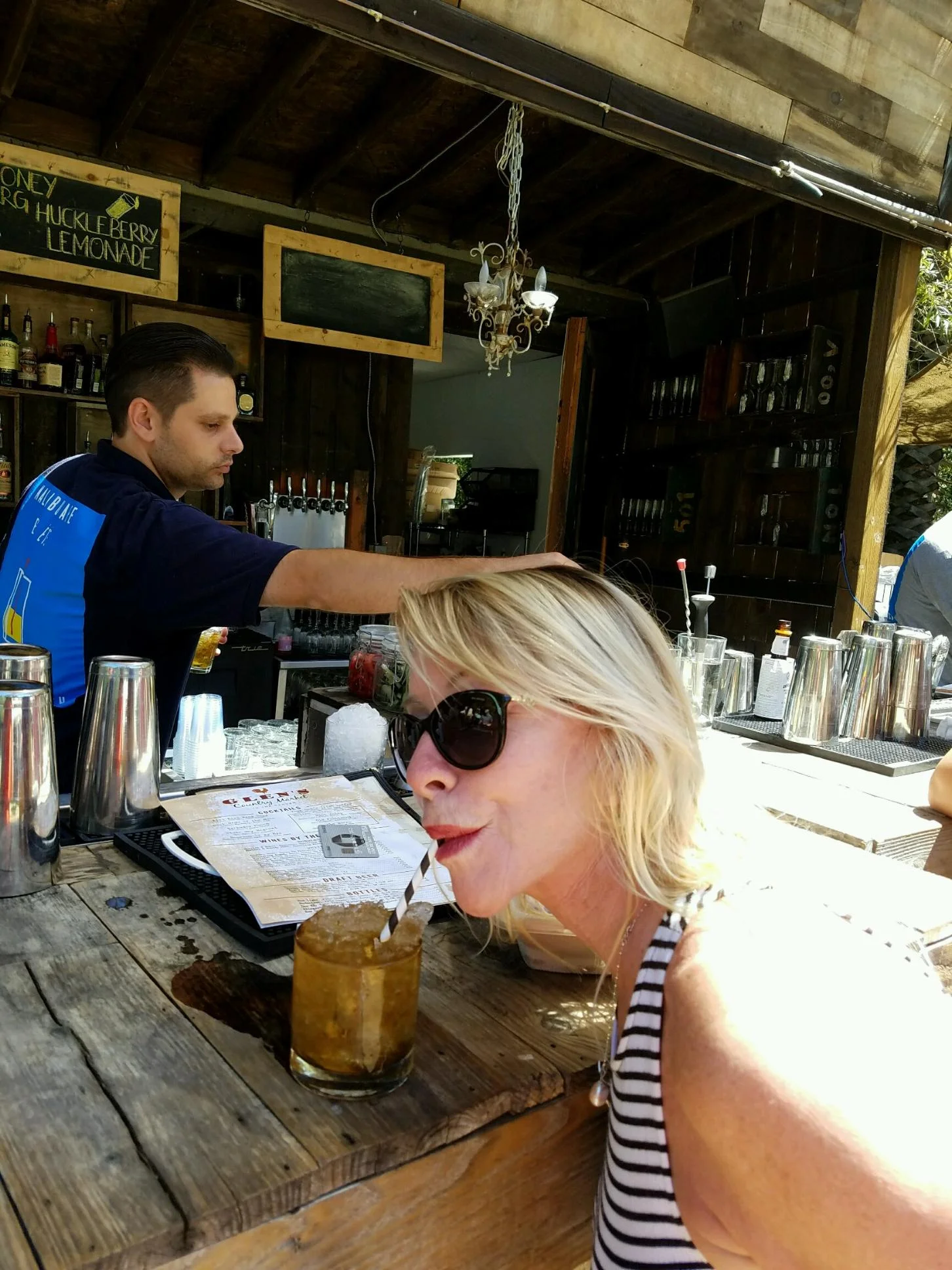 Charming rustic outdoor bar with the best mint julep ever! BFF Nancy enjoying hers!