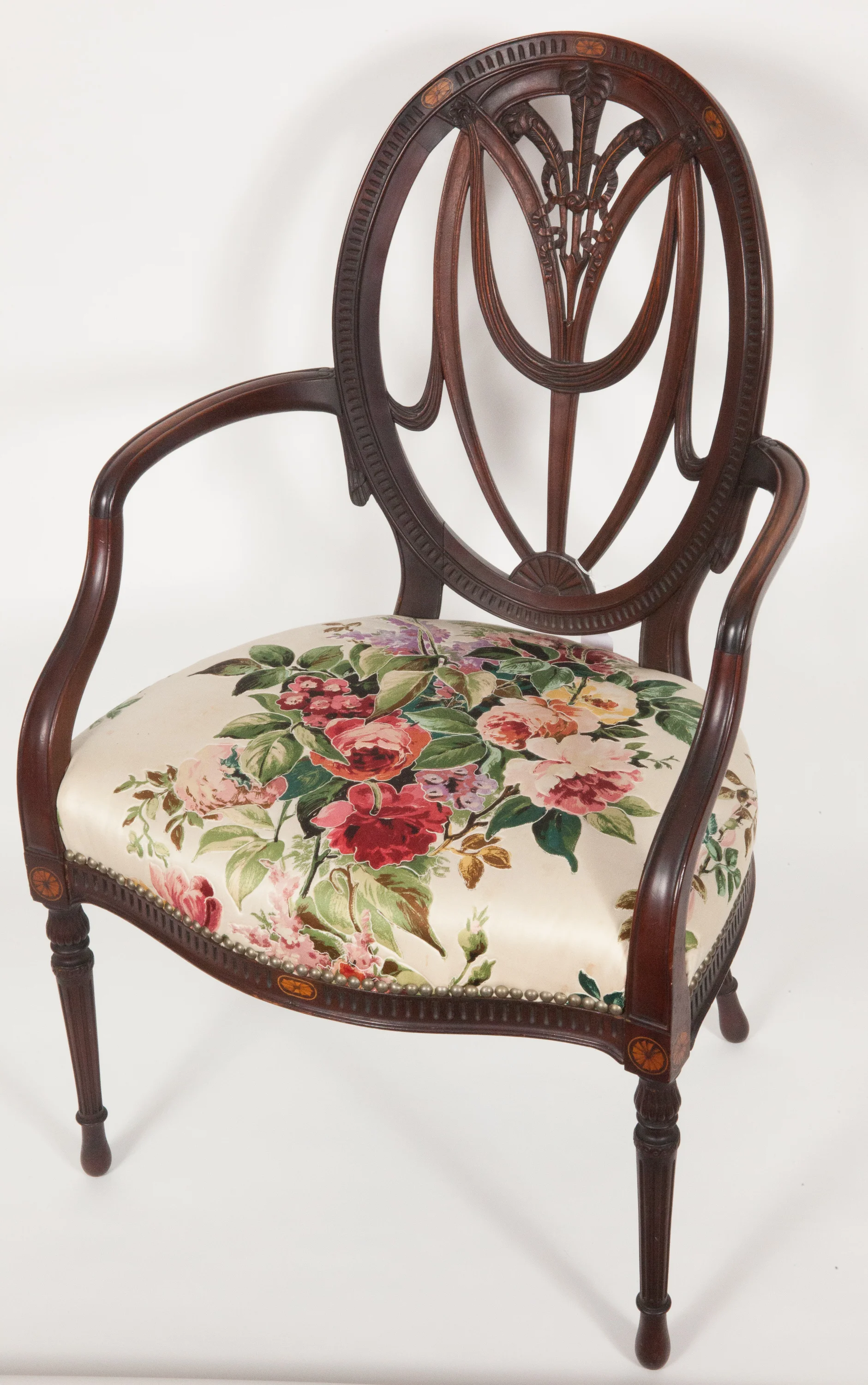 Pair of antique Adams chairs in modern floral upholstery