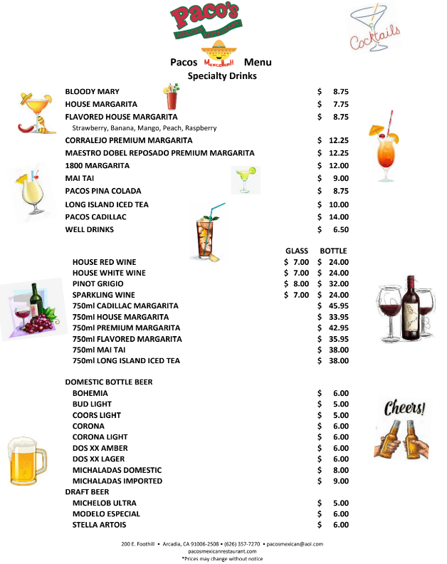 Menu Pacopi Pacos Best Menu — Pacos Mexican Restaurant