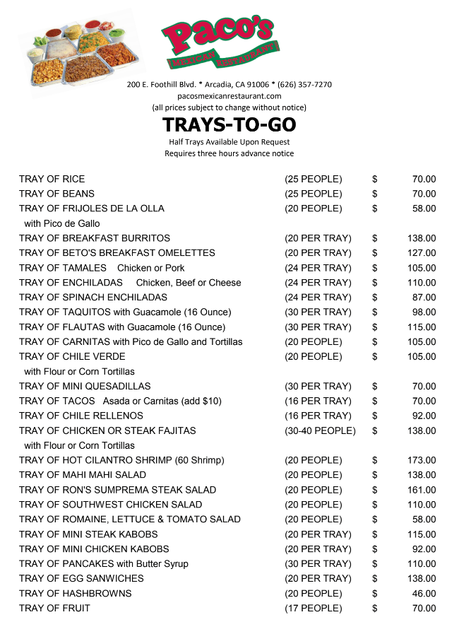 Trays To Go Menu — Pacos Mexican Restaurant