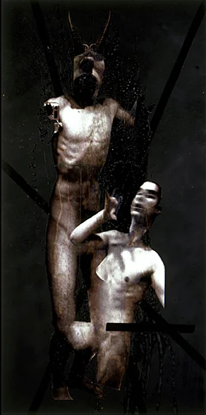 Devil- 96x48 in; inkjet on masonite with paint, resin, tape, blood; 2002 - Private Collection