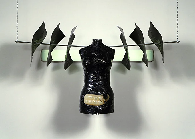 Mannequin Mobile- 36x72 in x variable dimensions; mannequin with mercedes parts, tape, rebar, inkjet; 2002