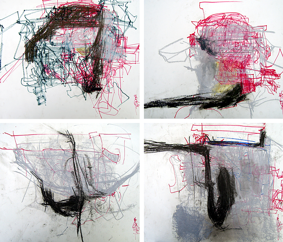 Death Drawings 1-4- each 18x24 in; pastel, marker on stock; 2007