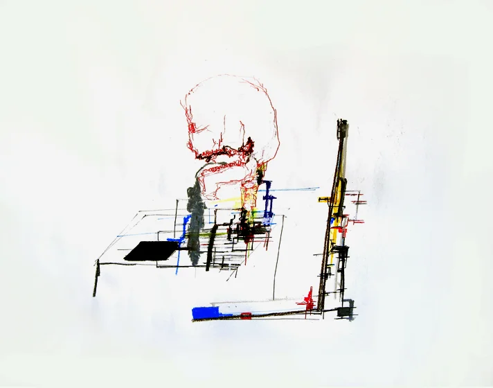 Skull part of skeleton from Maxfield installed- 18x24 in; pastel, pen, marker, conté on paper; 2010