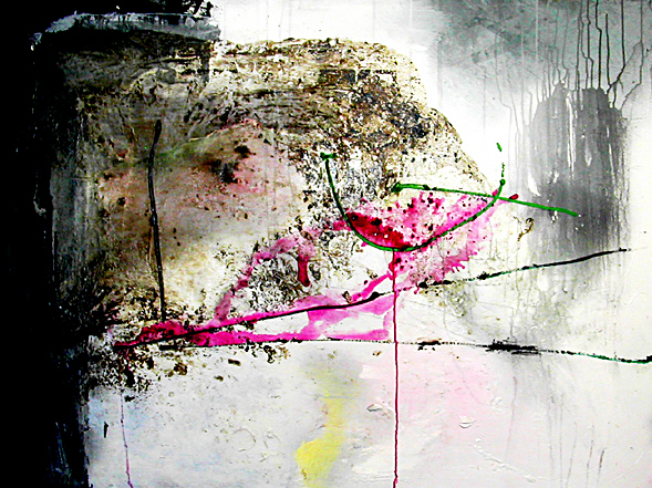 Not Steady- 45x60 in; acrylic, oil, asphaltum, spray-paint on canvas; 2003 - Private Collection