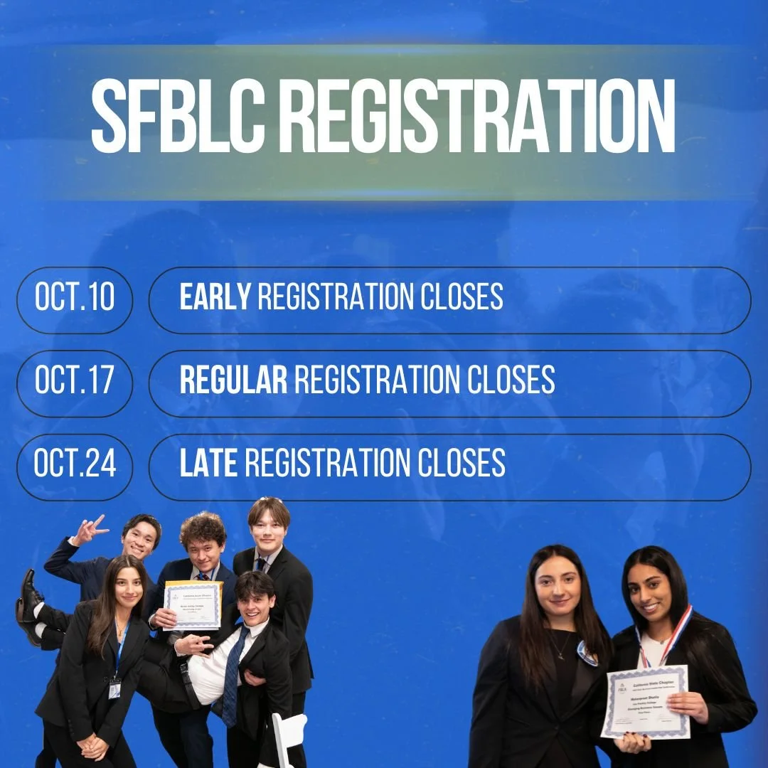 SFBLC Registration is open on Blue Panda! Make sure you aren't missing the registration dates- you won't want to miss our fall conference filled with impressive keynote speakers, competitive events, and much more. Questions? Email stateteam@capbl.org