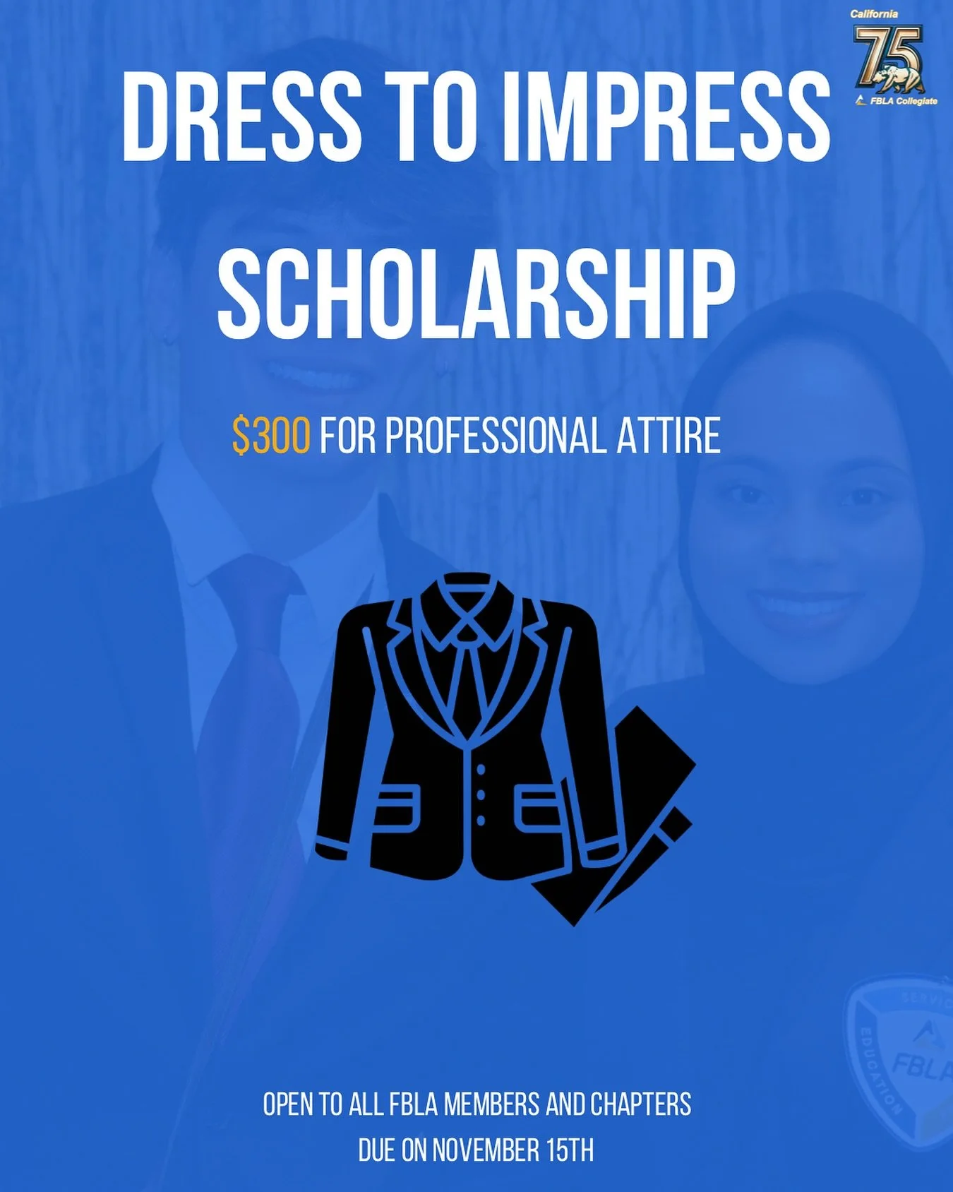 Need professional attire for a job interview, work, or for our FBLA conferences? Apply on the FBLA national website for our dress to impress scholarship. You&rsquo;ll get $300 for professional attire. 
Qualifications:
Need based scholarship
Must have