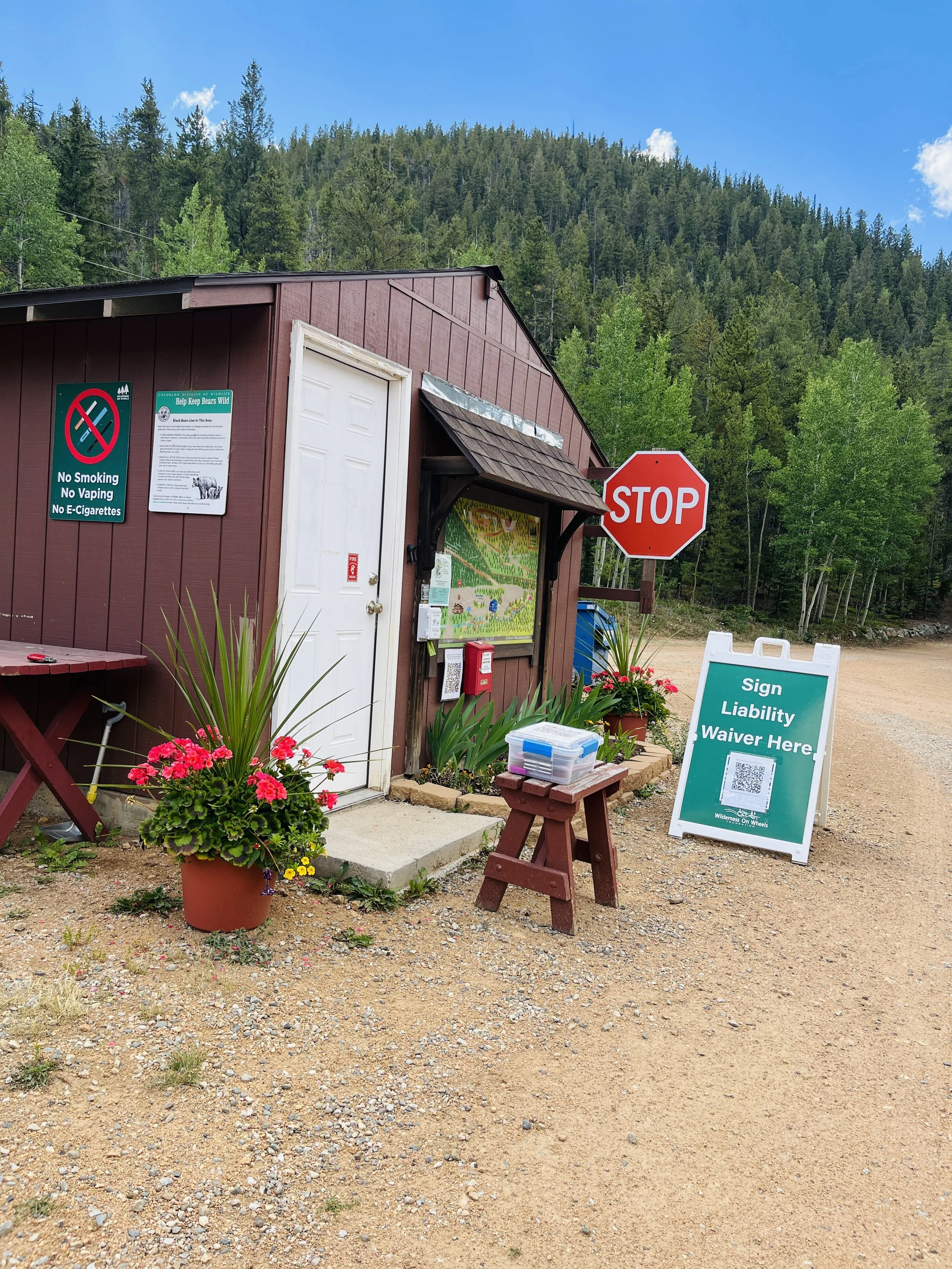 Trailhead at Wilderness On Wheels where you stop to sign a waiver, leave a donation, and check-in for overnight stays.
