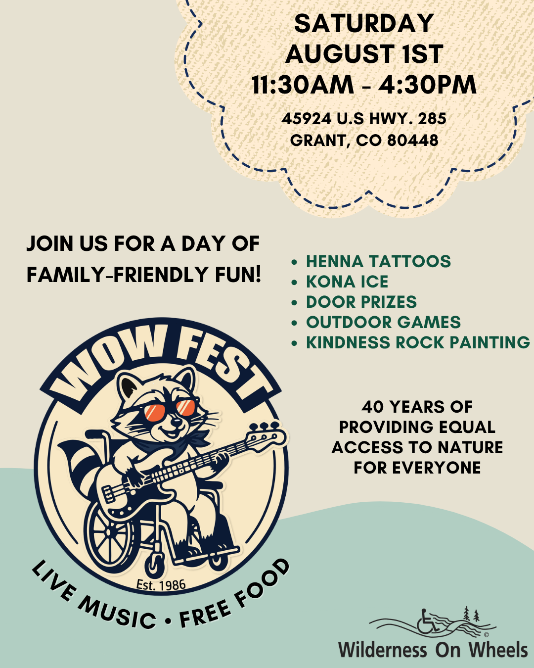 Wilderness On Wheels is having an accessible outdoor event on August 1st, 2026! Join us for live music, free lunch, kona ice, games, activities, and more! Located just outside of Denver
