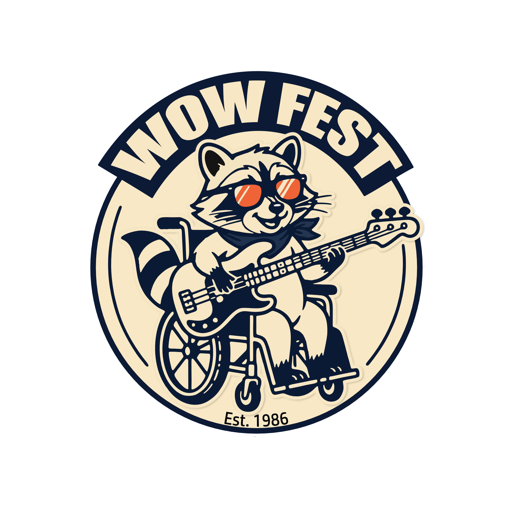 Logo of a raccoon playing a guitar in a wheelchair for WOW Fest at Wilderness On Wheels
