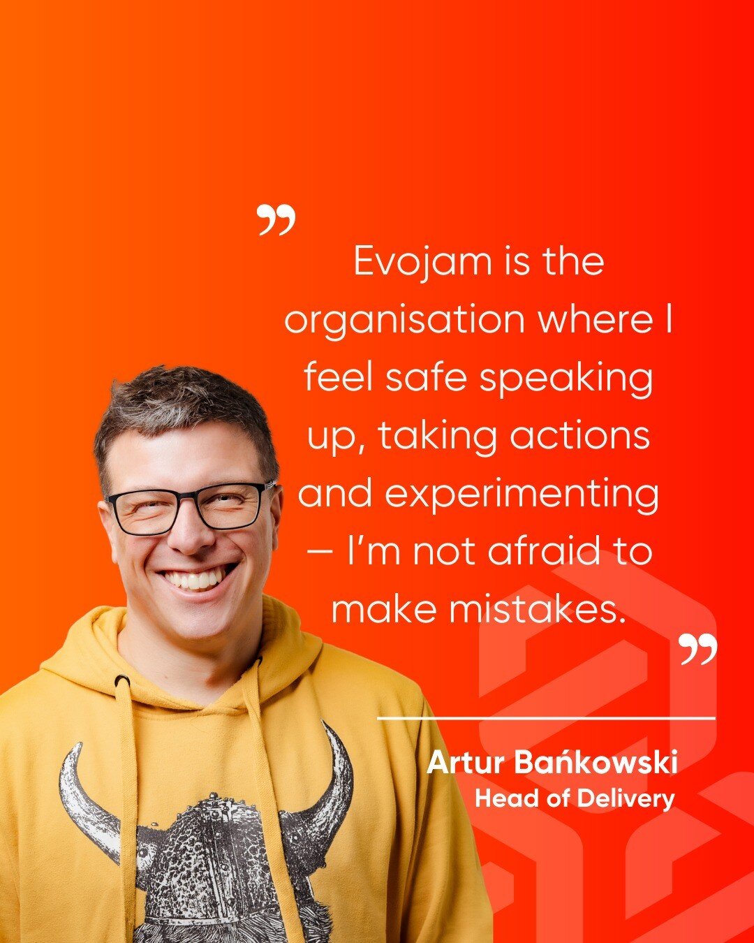 #EvoTestimonials

How can you grow in no time? 📈

By trying out new things.

To do so, you need a supportive environment that allows you to experiment and make mistakes. That's what it's like at Evojam, according to Artur Bańkowski, our Head of Deli