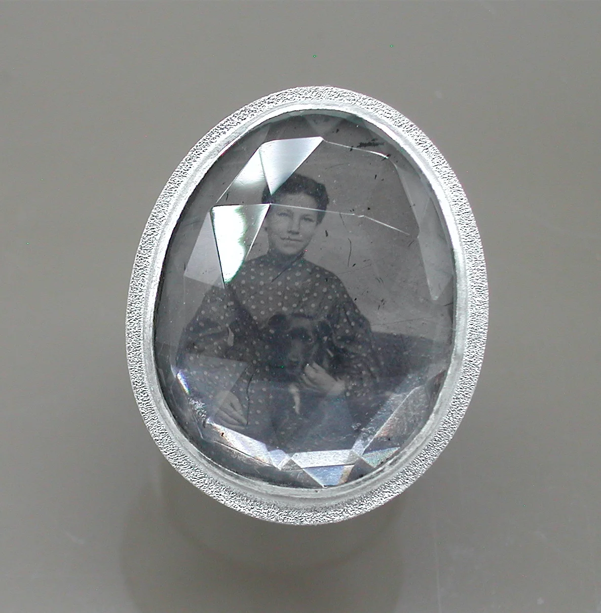Sterling Ring with Antique Tintype of Girl & Her Dog