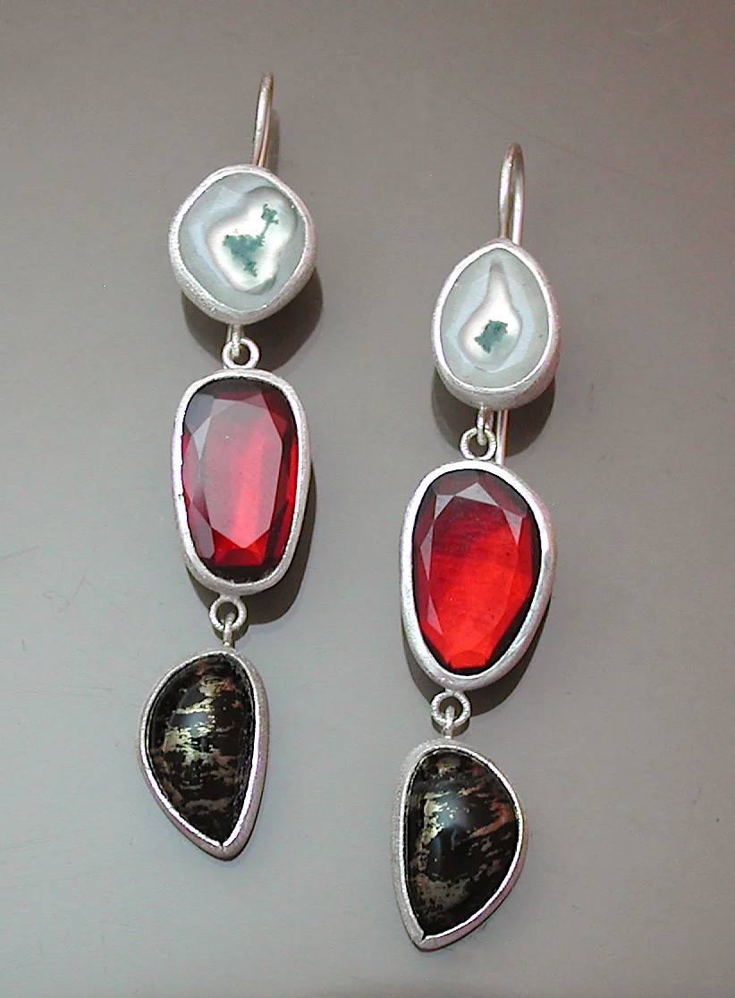Sterling Earrings with Solar Quartz, Garnet, and Apache Gold