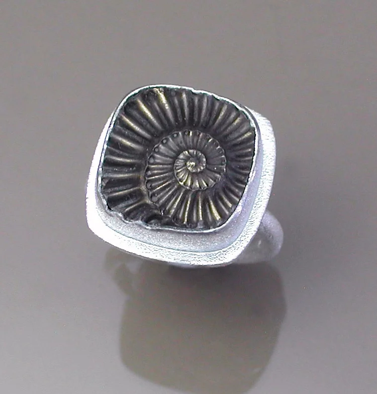 Sterling Ring with Negative Pyritized Ammonite Fossil