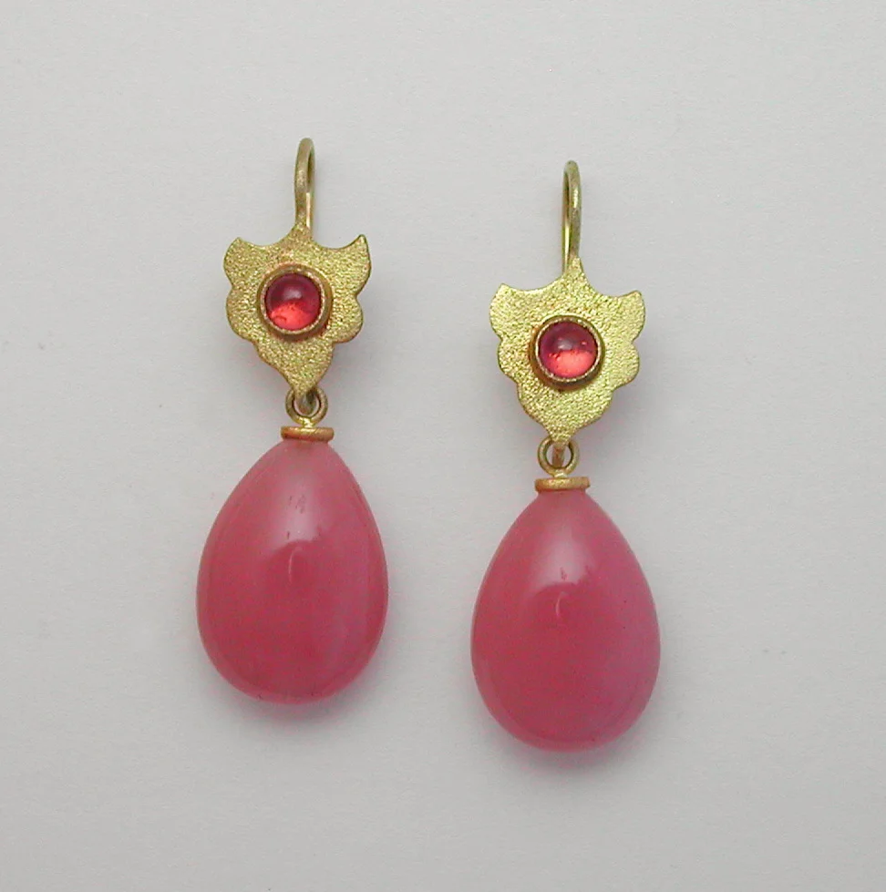 22K Earrings with Guava Quartz Drops and Pink Tourmaline