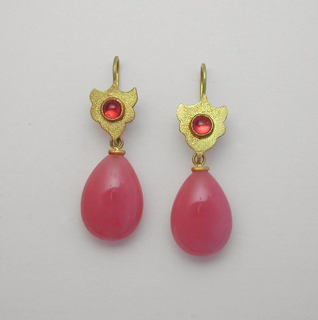22K Earrings with Guava Quartz Drops and Pink Tourmaline
