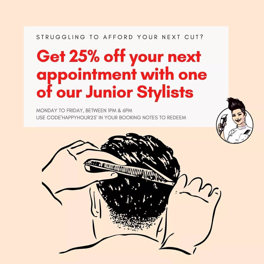 In order to really ensure everyone can access good haircuts (especially during Pride month!), we&rsquo;re offering 25% off all appointments booked with either Anna or Joshua on weekdays between 1pm and 6pm. 

During these hours, they will be working 