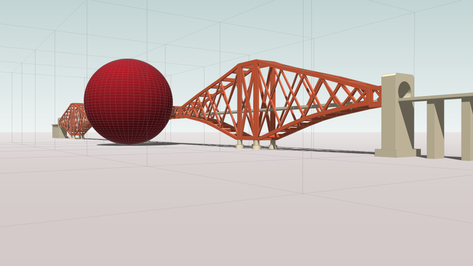  Perspective sketch (Carbon Visuals) of one day sphere (140.88 metres diameter) with cubic grid with dimensions of 140.88 metres. The tower height of the bridge is 100.6 metres. 