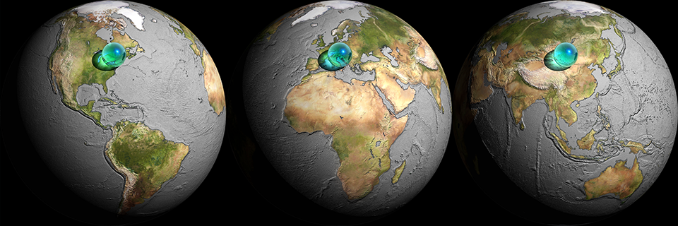  Three views of&nbsp; All the water in the world &nbsp;(2003)  There is 1,408.7 million cubic kilometres of water on Earth, but 97.25% of it is sea water. All the water in the world, including sea water, would form a sphere 1,391 km across.  Water da