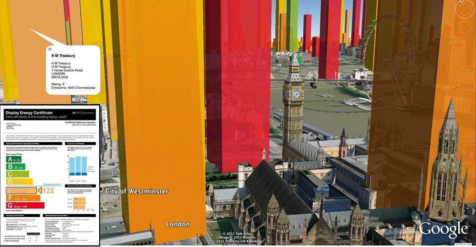  The 'carbon canyons' of the city of London. Each tower represents the annual carbon footprint (2009/10) of a public building. 