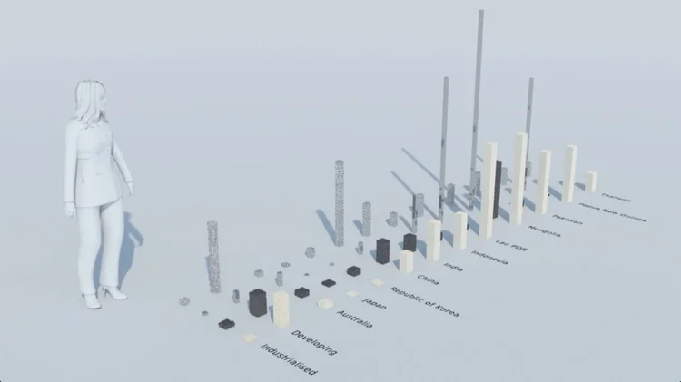 Image from film: Actual volume of biomass, fossil fuels, metals and minerals required to generate one dollar of GDP