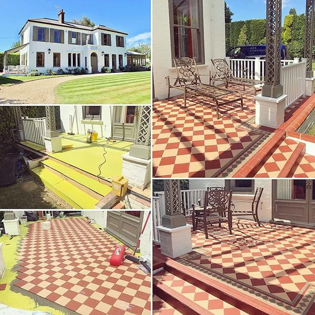 Veranda reconstruction - Part of over 8 years of restorative work by MGS to this beautiful period property following significant fire damage. For more information on this restoration project visit www.mgsconstruction.co.uk #buildersofig #construction #veranda #periodhome #tiling #tiles #builder #restoration