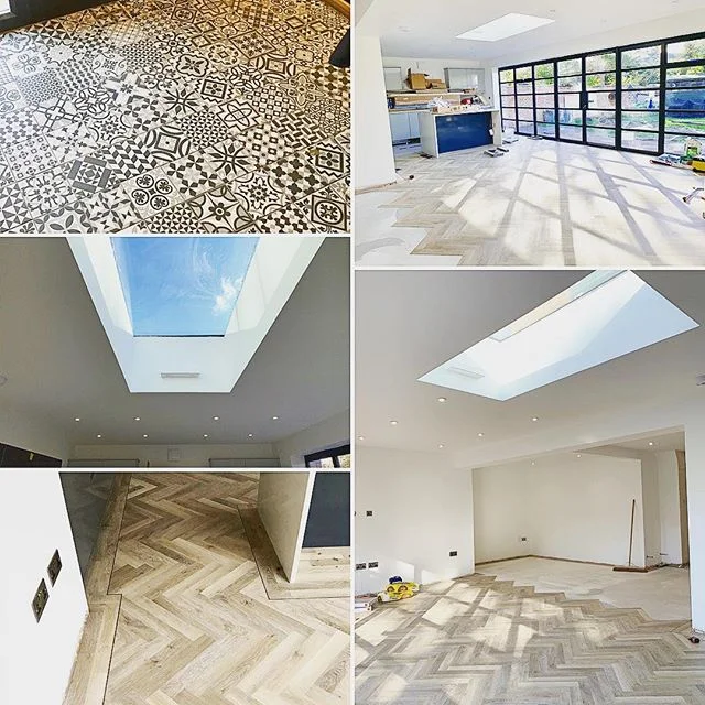Flooring is almost complete and looking great on one of residential projects 👌#buildersofig #builder #refurbishment #residentialconstruction #residential #decor #decorations #painting #skylight #openplan #bifolds #slidingdoors #herringbone #tile