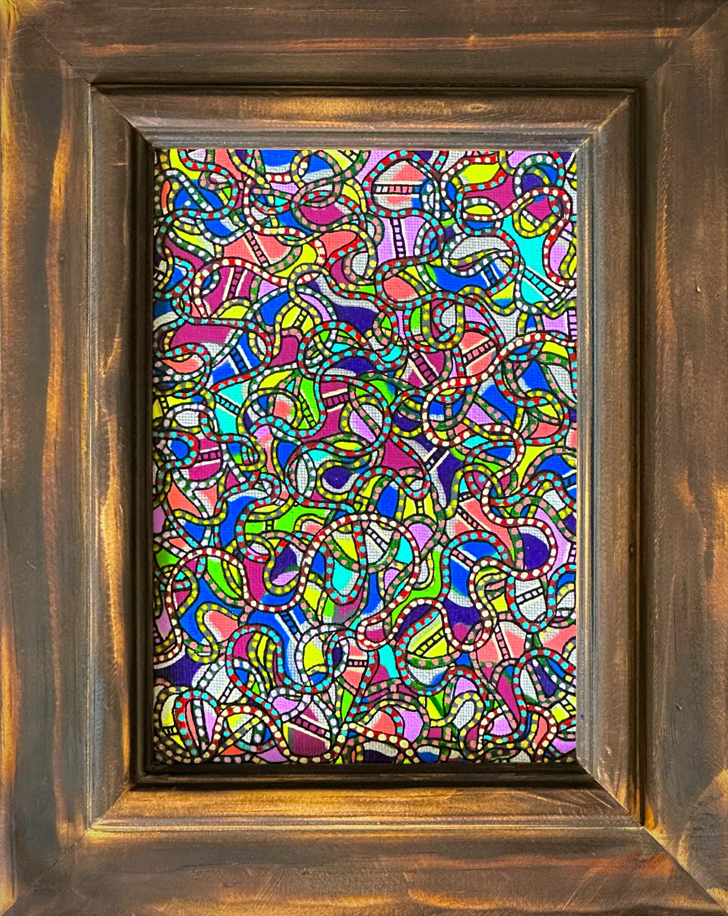 Snakes & Ladders, Acrylic Ink on Canvas, 12 x18cm exc. upcycled frame, 2024