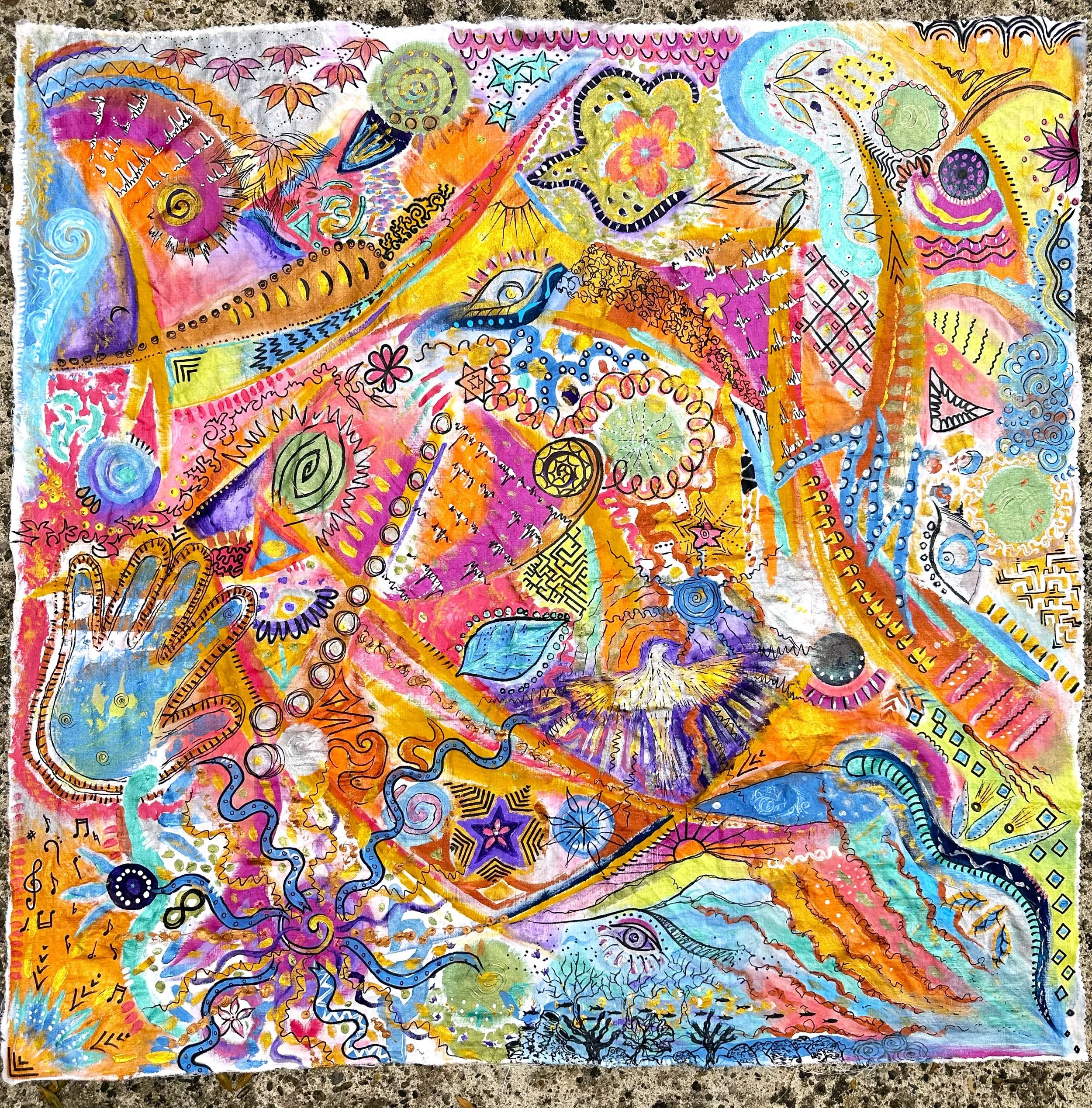 Intuitive Collaboration between friends Jen, Alex, Vera & Cris, Mixed Media on Unstretched Cotton, 2024