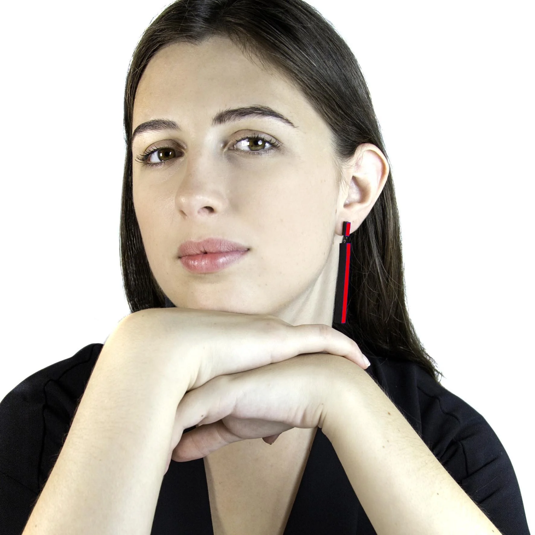 Straight  Narrow Earrings - Black  Red - modelled2.jpg