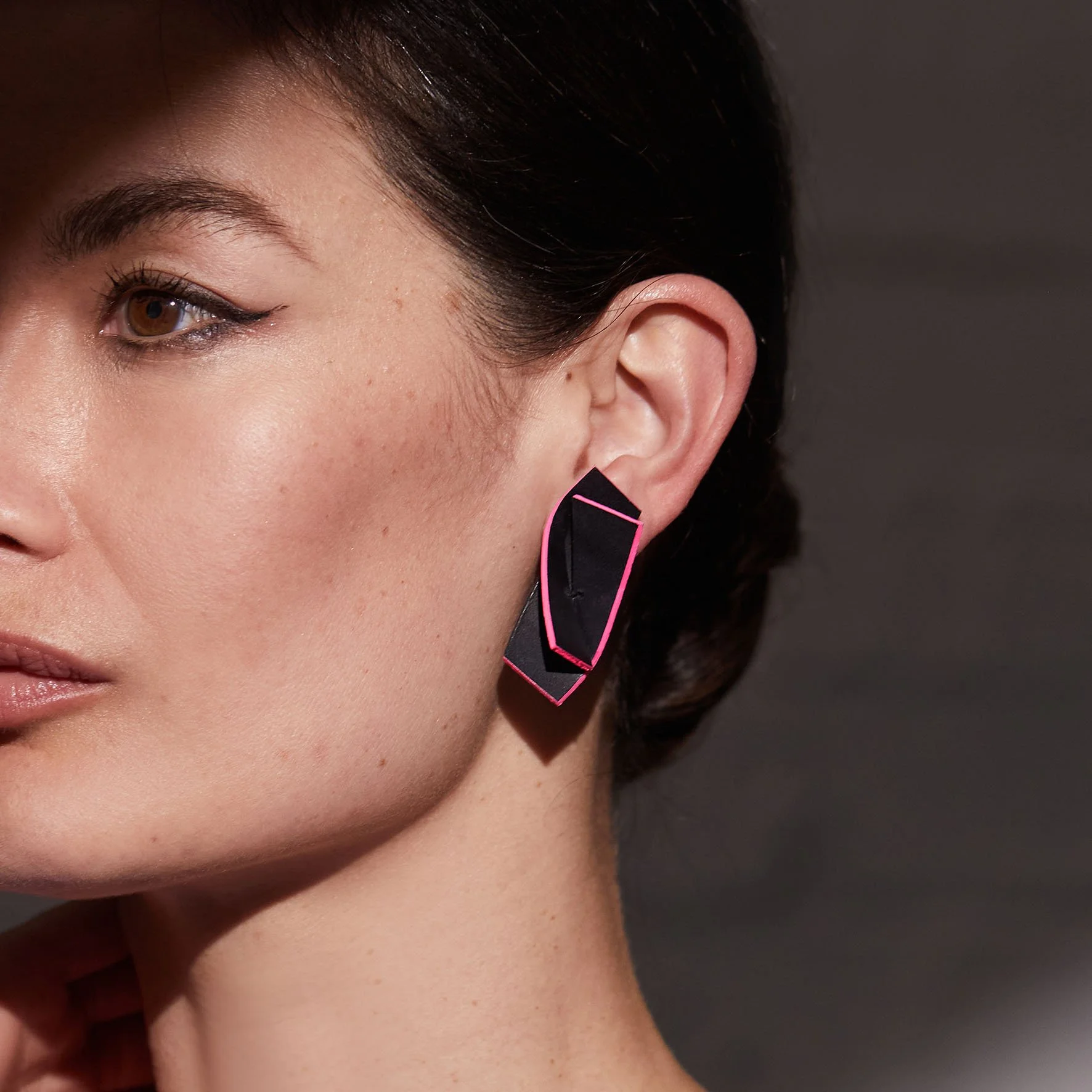On the Edge Earrings - Black & Pink - modelled.jpg
