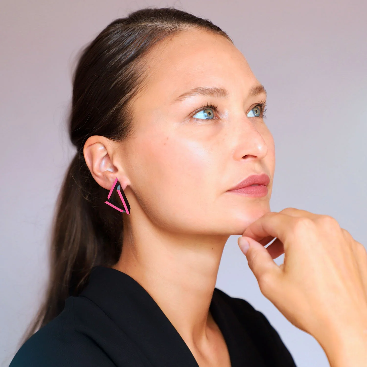 Triangle-leather-earrings-black-pink-Tania-Clarke-Hall-modelled.jpg