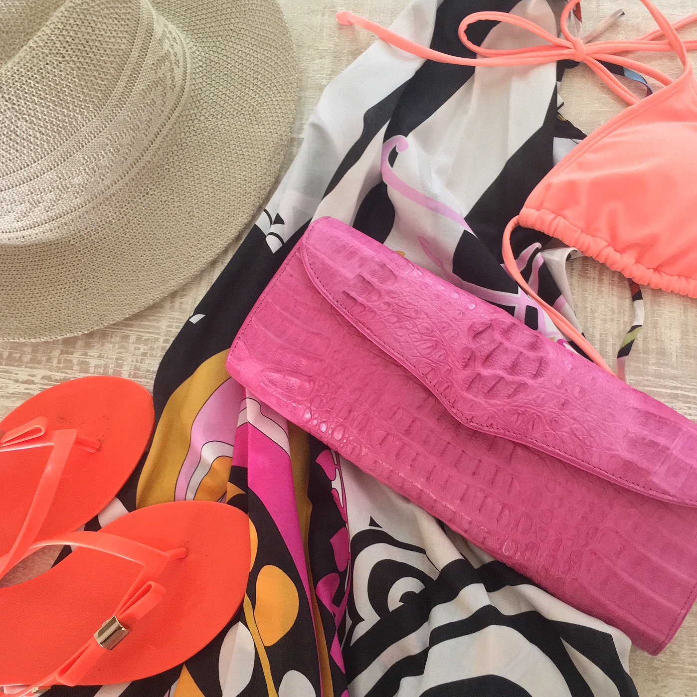 Everything you need for the perfect endless summer look, Mersur, Melissa Sandals, Roxy Hat, Dolls Swimwear Bikini and a WH Petronella clutch