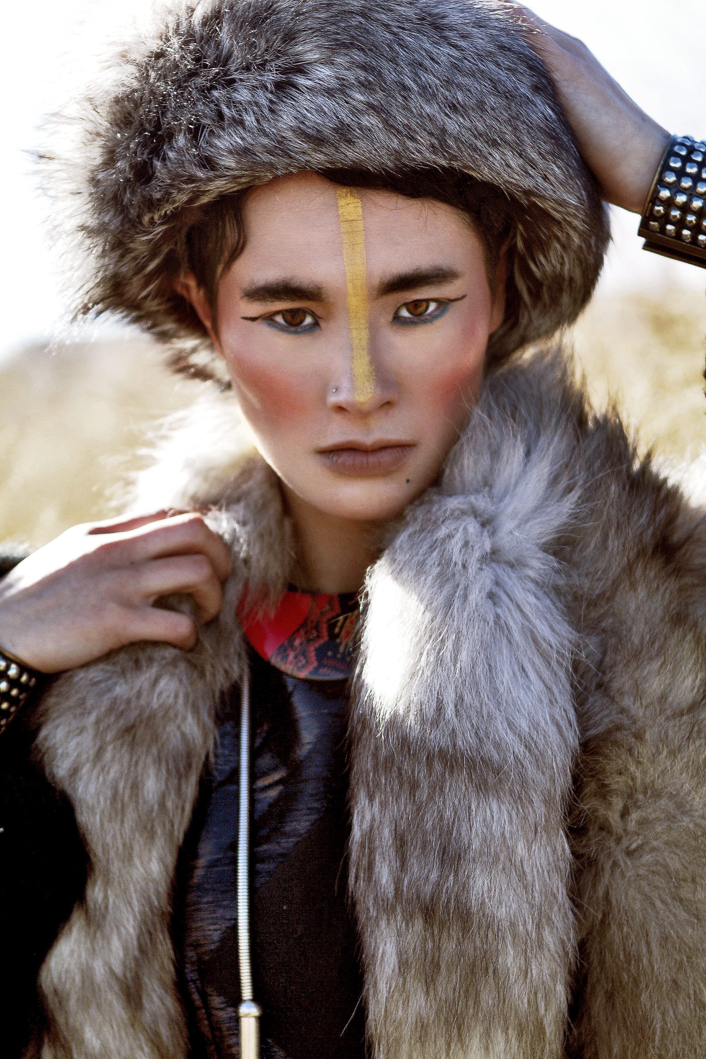 Dress by Harx 4; Scarf and fox fur by Teranchula; Tweed belt with fur tips by Ke Collection; Fur hat by Ke Collection