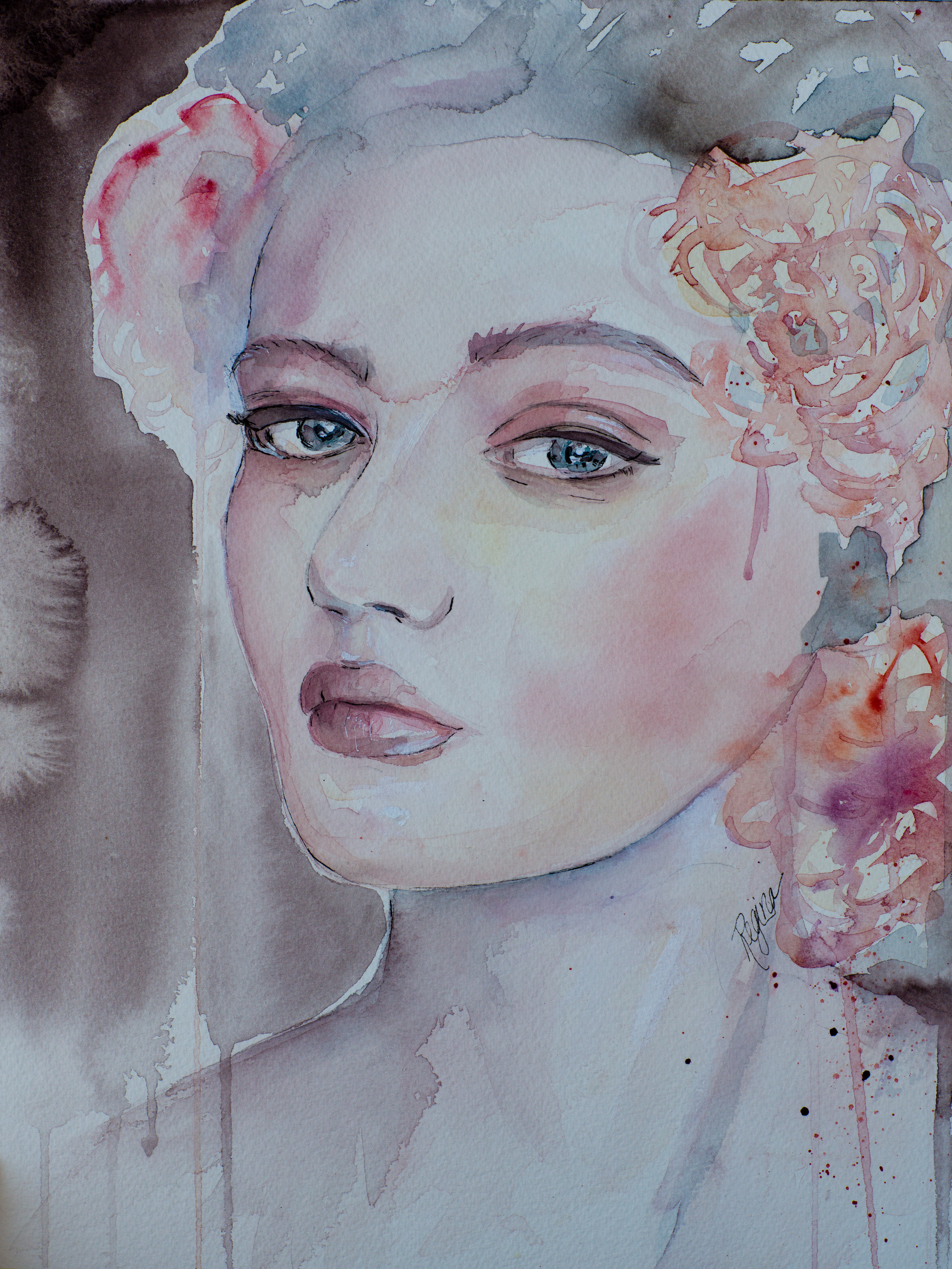 'Chiara' Watercolour with Ink Inspired by a photograph nu Mateusz Sitek