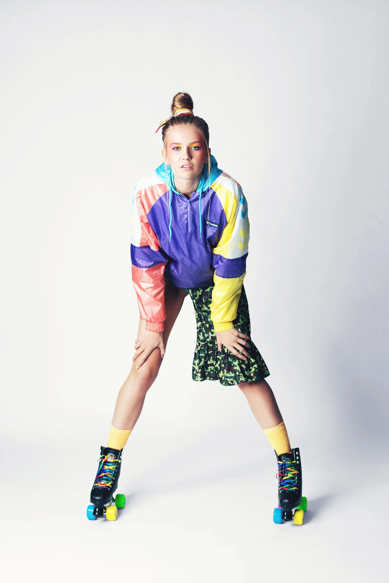 ALDONA wears Tracksuit Jacket: HUMMEL HIVE, Top: LES ANIMAUX, Bikini Set: LILLIPUT & FELIX, Scarf: RIXO LONDON (Young British Designers), Socks: STANCE, Roller Skates: SLICK WILLIES