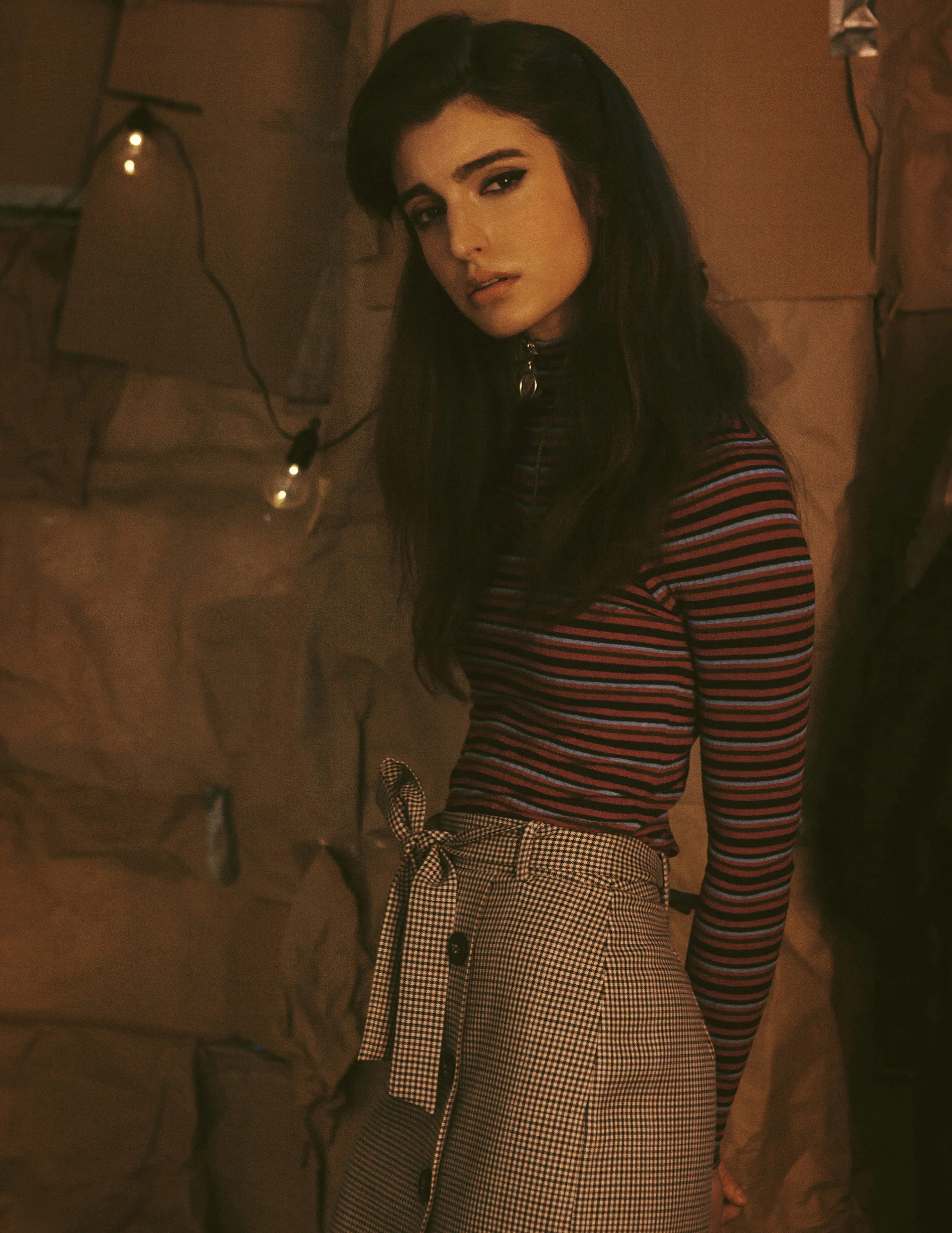 Stripe top Topshop check midi skirt Topshop Heels and socks - Stylist’s own