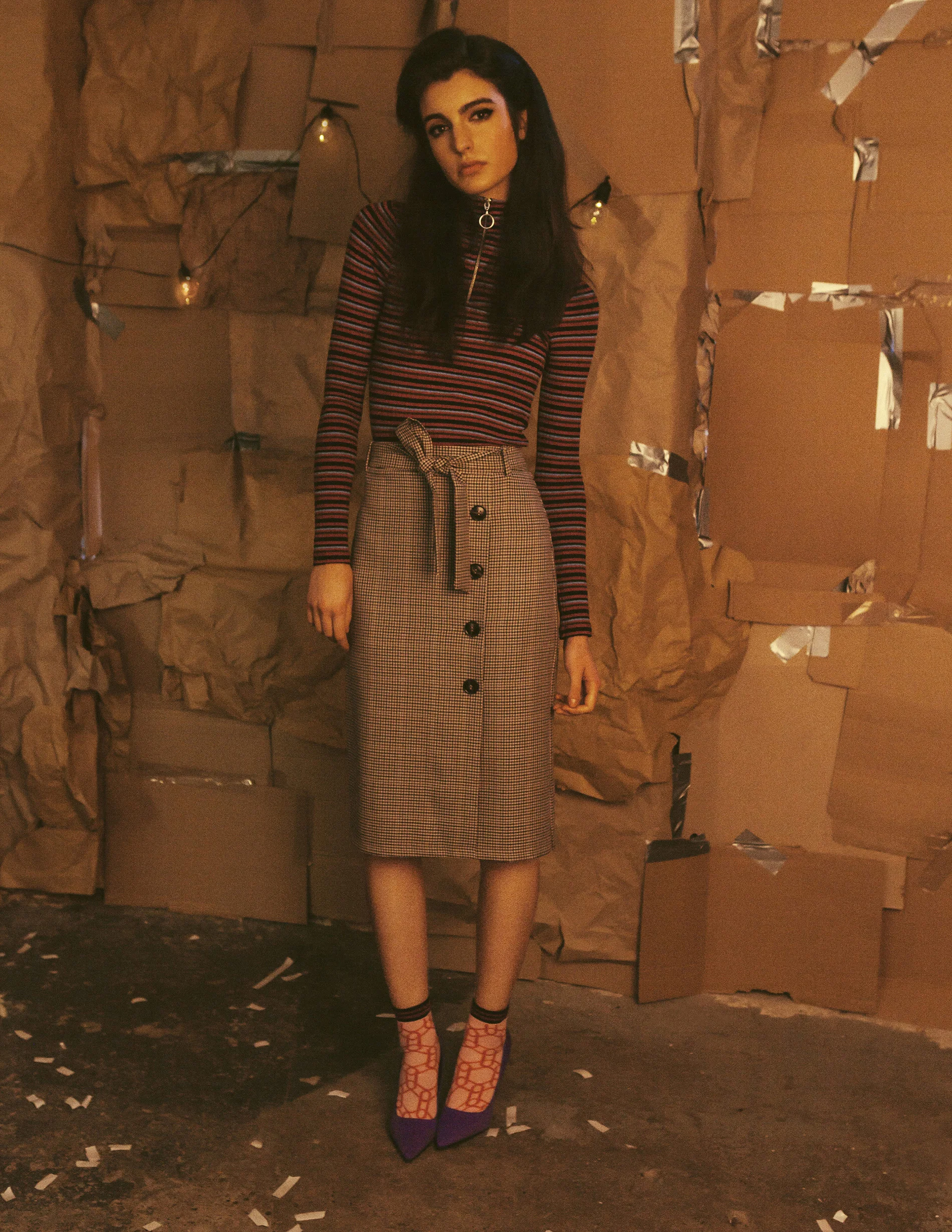 Stripe top Topshop check midi skirt Topshop Heels and socks - Stylist’s own