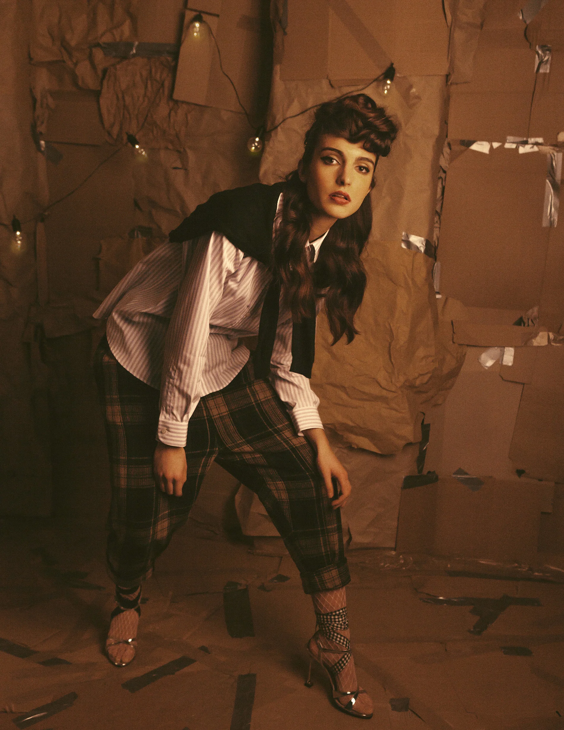 Metallic leather sandals Miu Miu tartan wool-blend tapered pants Vivienne Westwood Stripe shirt Alexa Chung Sweater Genevieve Sweeney