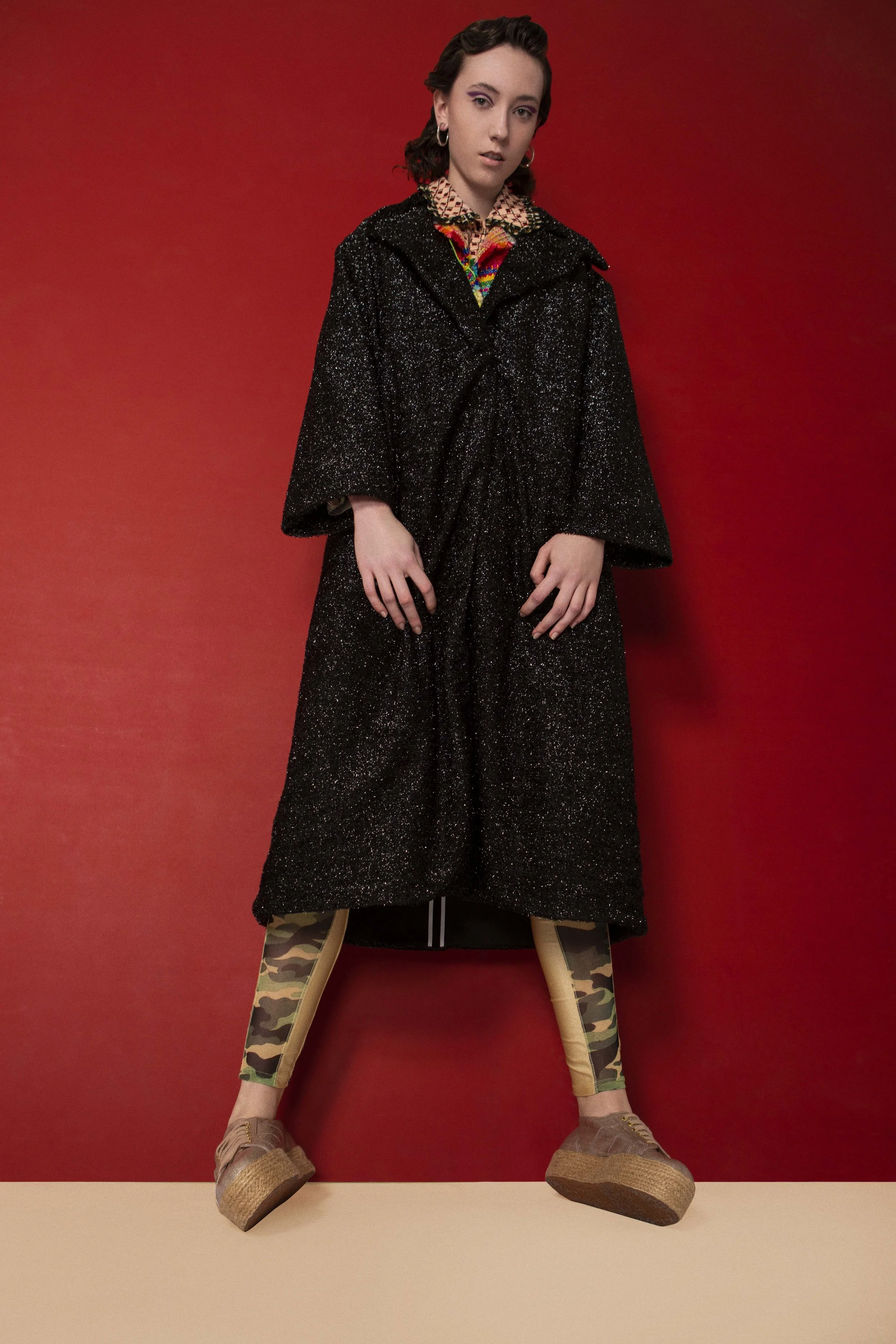  Shirt – ORLA KIELY Jacket – BOO PALA Coat – LONGSHAW WARD Pant – DANS LA VIE Earring – VAN PETERSON Footwear - SUPERGA 