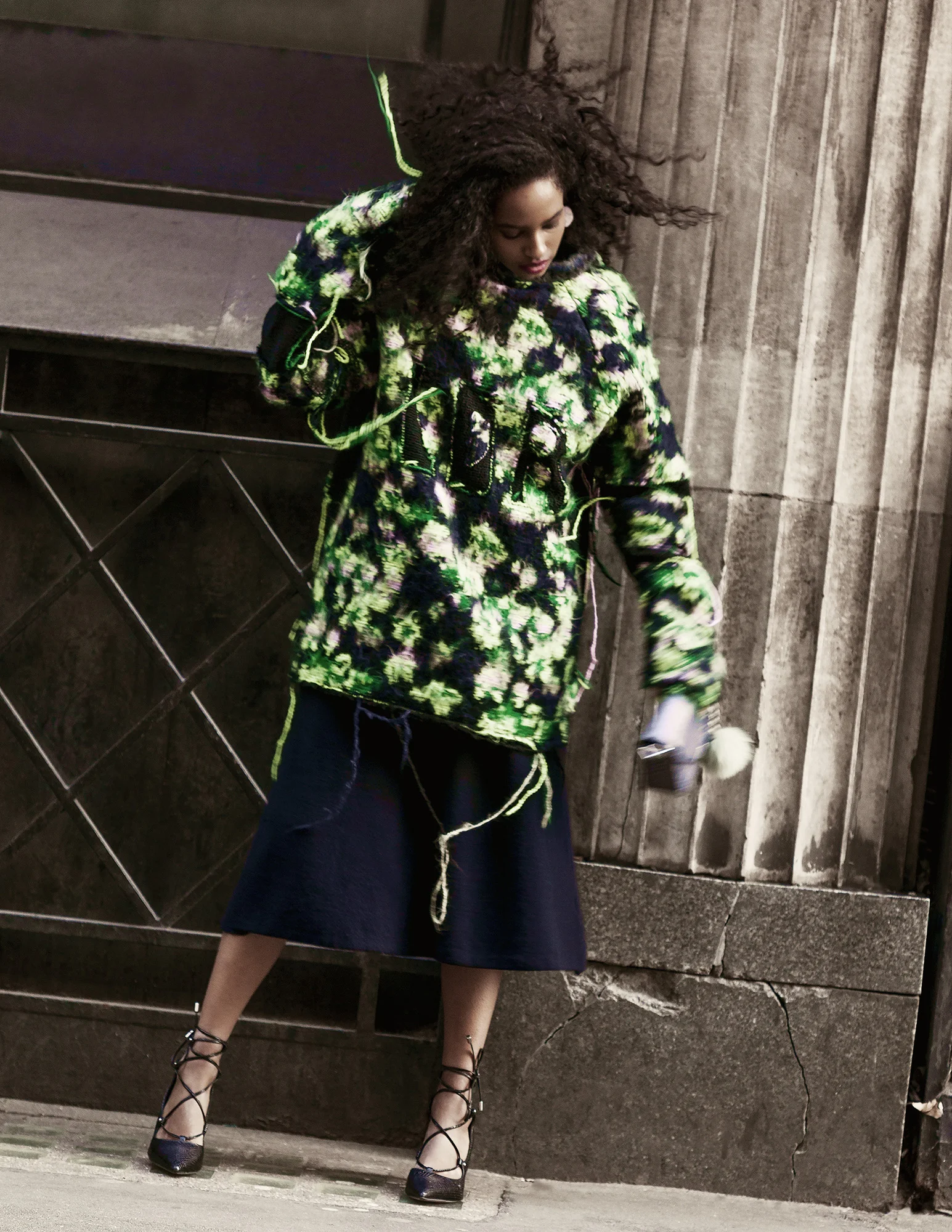 Jumper: Danyi Yang / Dress: Uniqlo and Lemaire / Shoes: Dune London / Jewelry: Haodan Tan / Hand bag: Alexander Wang