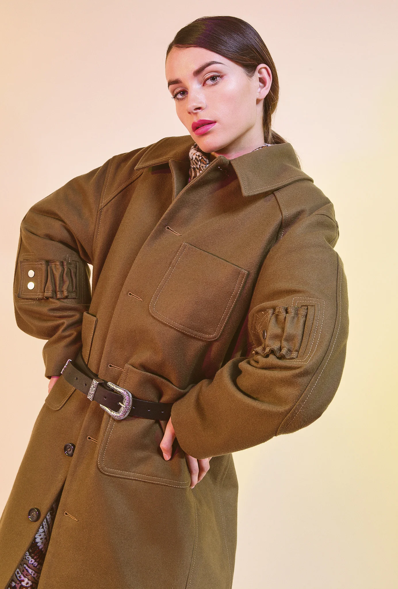 Dress Andrew Majtenyi Beige long coat 1x1 Studio White boots Dorateymur Purple tights, black belt stylist's own