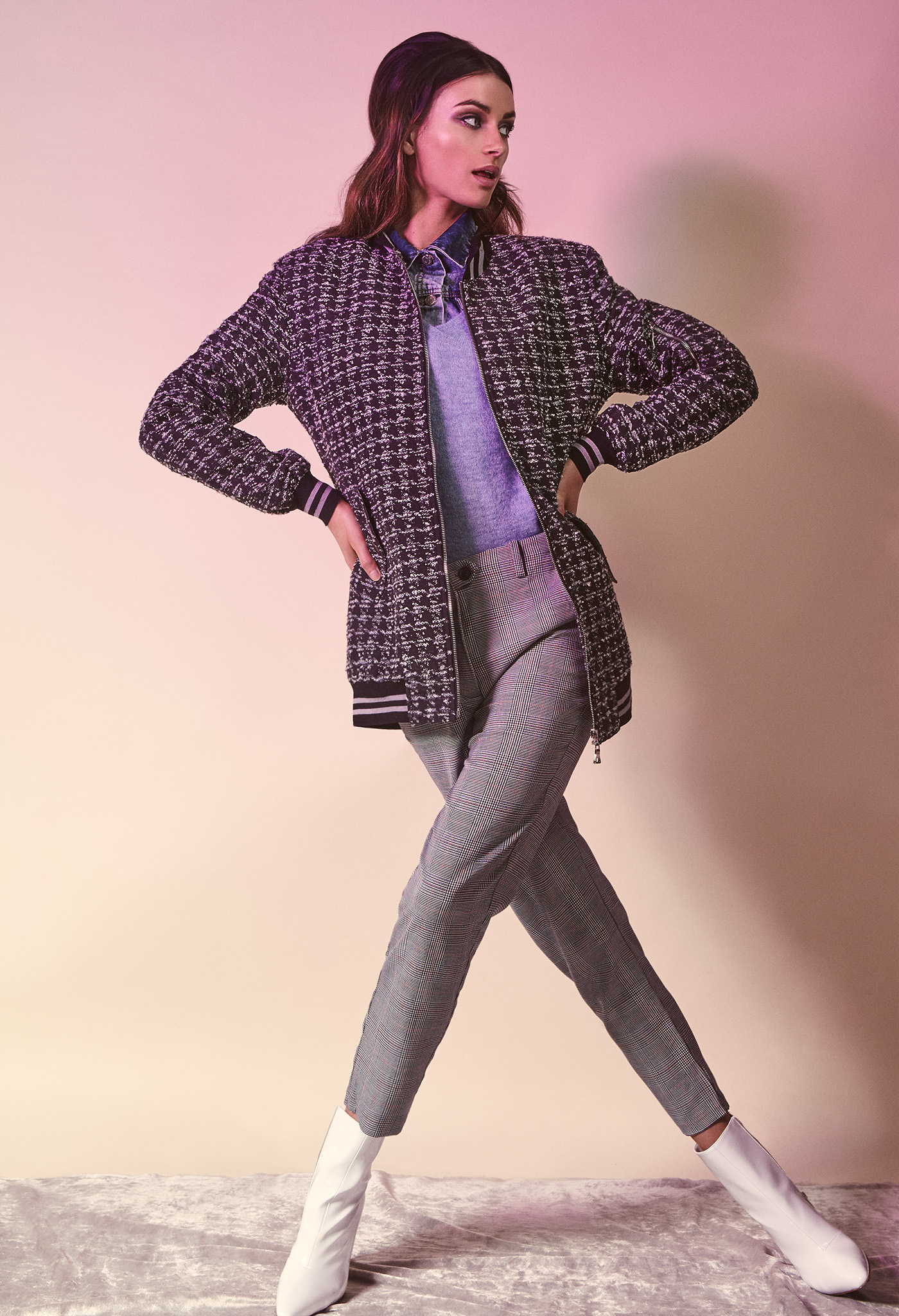Black and white grid zip long coat Malan Breton V-neck sweater Michael Kors collection Denim shirt Dsquared White boots Dorateymur Checkered trousers stylist's own