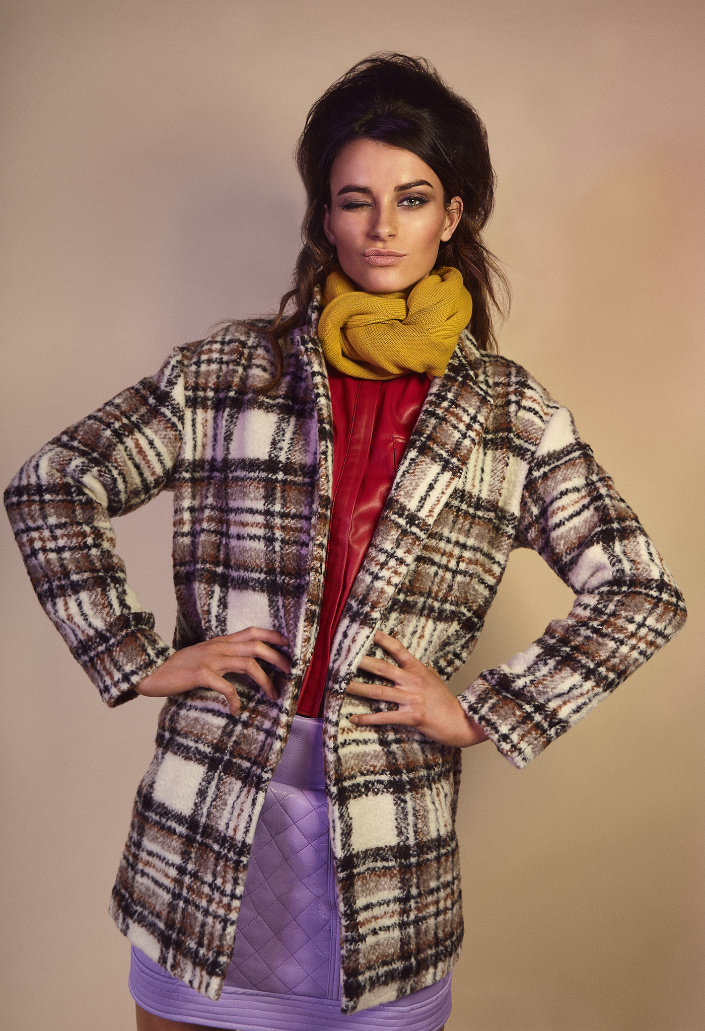 Glamorous check coat French Connection oversized scarf Bershka Red leather crop shirt Lilac leather skirt stylist's own Socks and black platform heeled sandals stylist's own