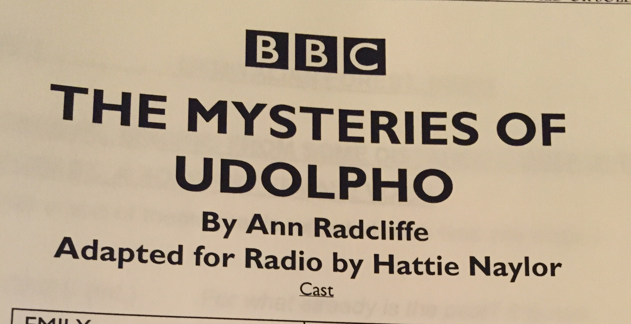 October 16th - Start working on The Mysteries of Udolfo at Broadcasting house directed by Sally Avens. Script by Hattie Naylor.